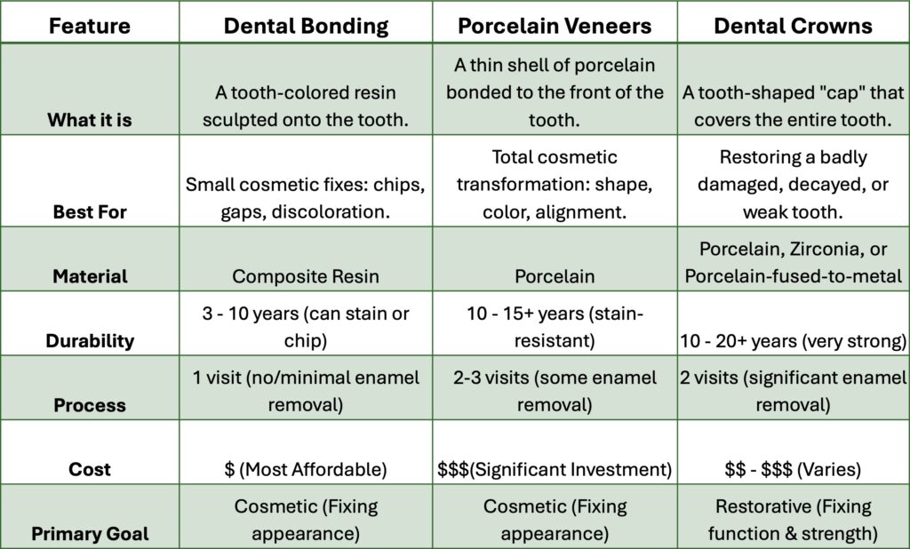 Bonding-Veneers-Crowns-Chart - Parr Dental Veneers vs. Bonding vs. Crowns