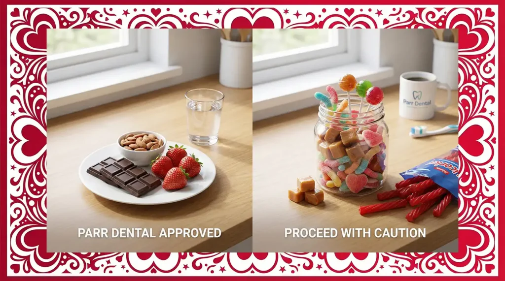 Dental health food comparison for Valentine's Day: A plate of dentist-approved dark chocolate, cheese, and strawberries versus a 'naughty list' of sticky caramel apples, sour gummies, and hard candy."