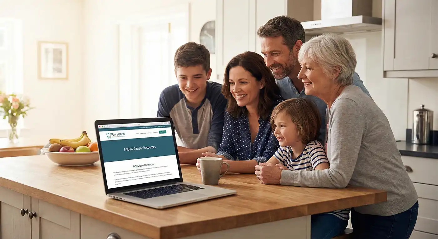 Smiling family of four in a kitchen looking at the Parr Dental website on a laptop, reviewing new patient FAQs and dental membership plans in Omaha."