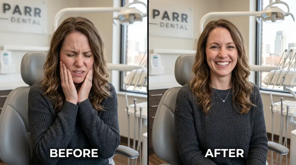 Before-and-after: woman in a dental chair, left shows tooth pain with hands at her cheeks; right shows a happy smile after treatment in the dental clinic.