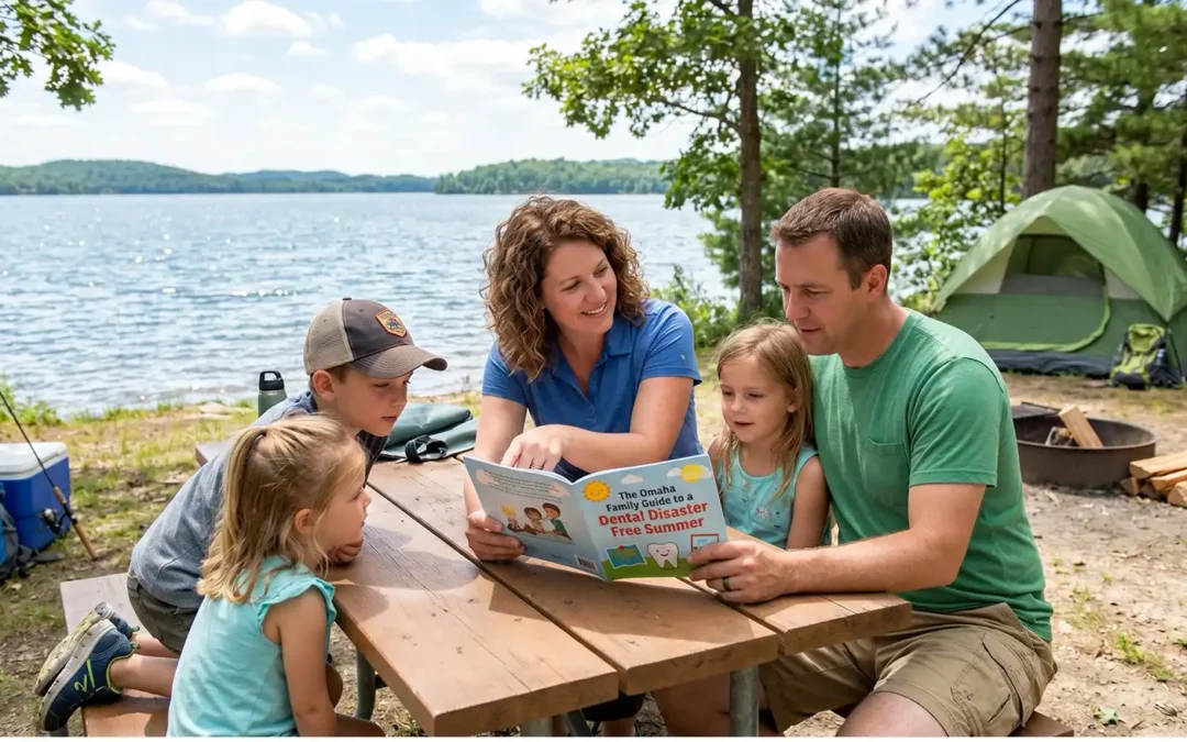 Family of four reads a children's book together at a lakeside campsite, seated at a wooden picnic table with a green tent nearby.
