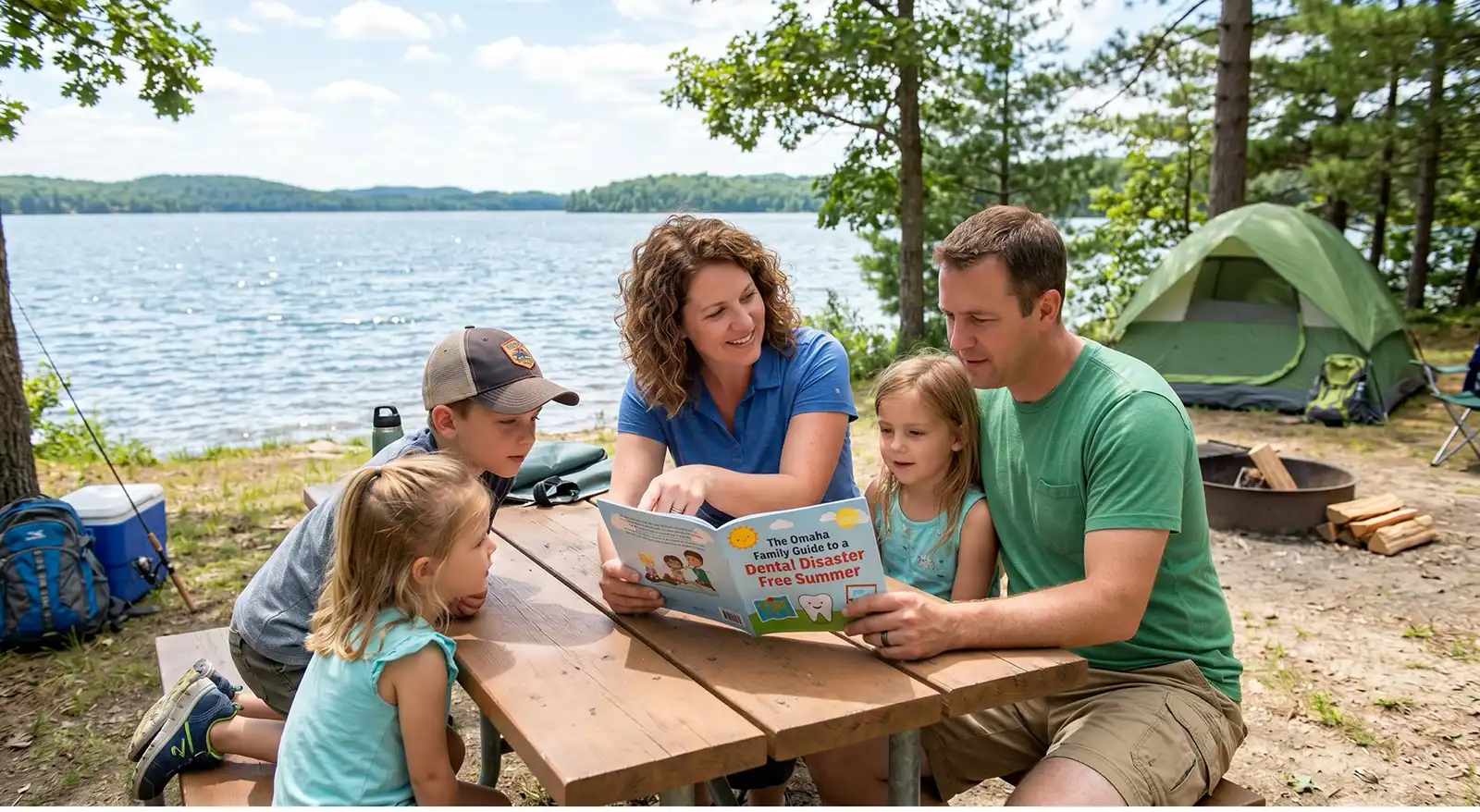 Family of four reads a children's book together at a lakeside campsite, seated at a wooden picnic table with a green tent nearby.