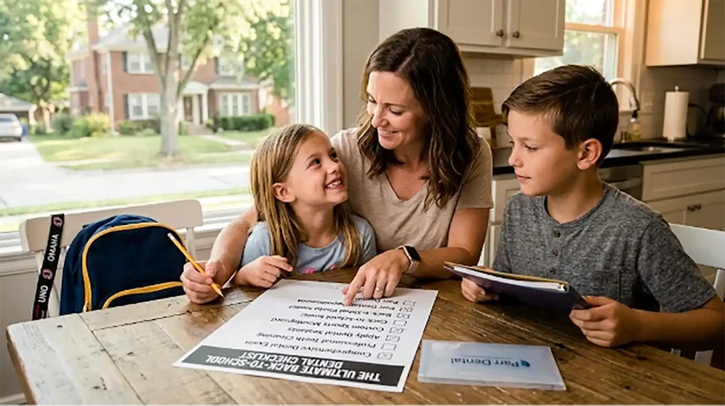 A warm photo of an Omaha mother and children preparing for the new school year by going through their dental health checklist from Parr Dental.