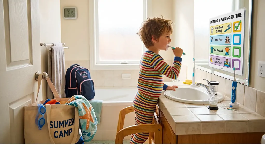 Young boy in striped pajamas brushes his teeth at a bathroom sink, holding a toothbrush with toothpaste.