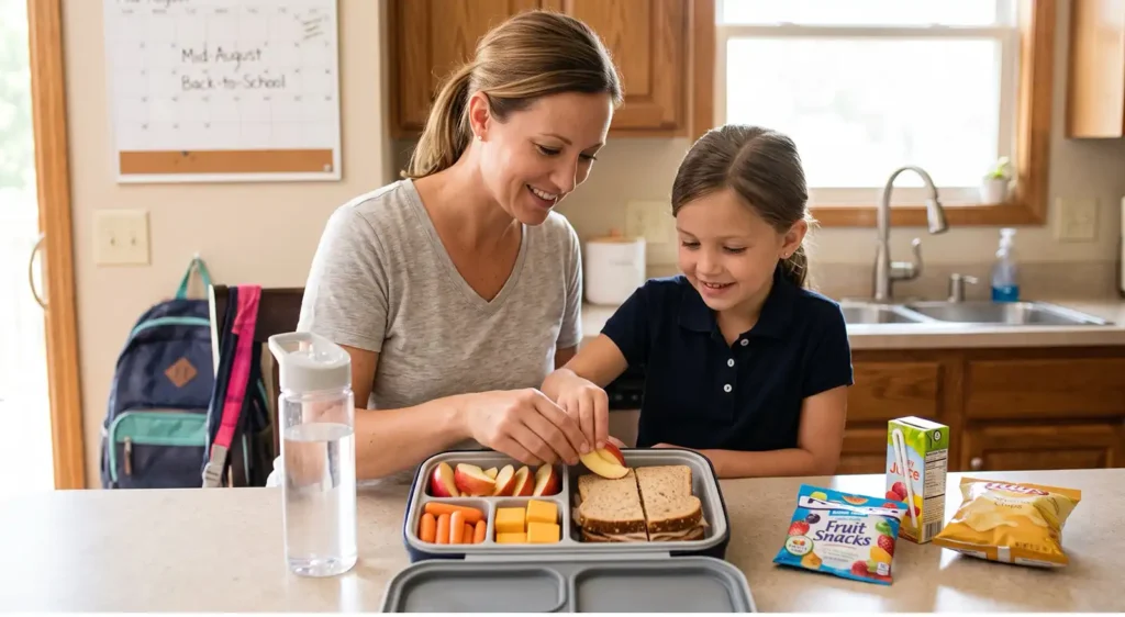 Mother and daughter pack a lunch together at the kitchen counter, placing apple slices into a divided lunchbox with cheese, carrots, and crackers nearby.