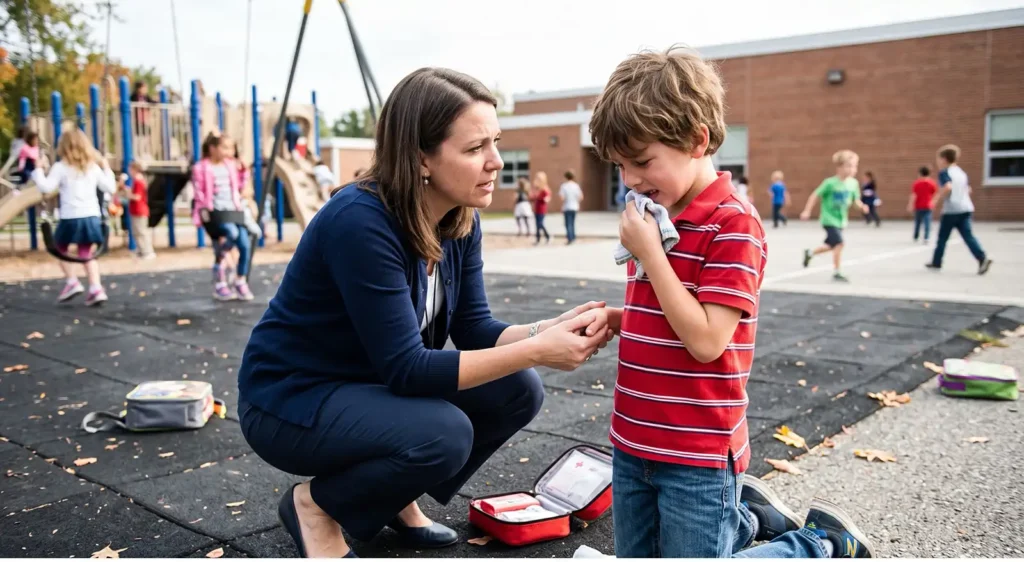 • A candid outdoor photograph taken during recess at an elementary school playground. A compassionate female teacher in a navy cardigan kneels on the blacktop, comforting an 8-year-old boy in a red striped shirt who has experienced a dental injury, holding a cloth to his mouth. She is looking at a first-aid kit nearby while other blurred children continue to play in the background on swings and structures, capturing a realistic scenario of navigating a dental emergency during the school day.
