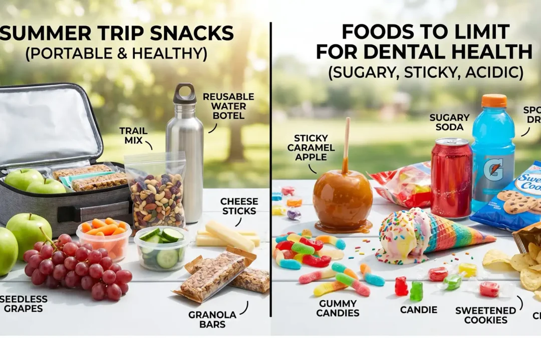 Split infographic: left side shows portable healthy snacks (grapes, apples, trail mix, cheese sticks, granola bars, water bottle) and right side shows foods to limit for dental health (candy, cookies, soda, sports drink, chips).