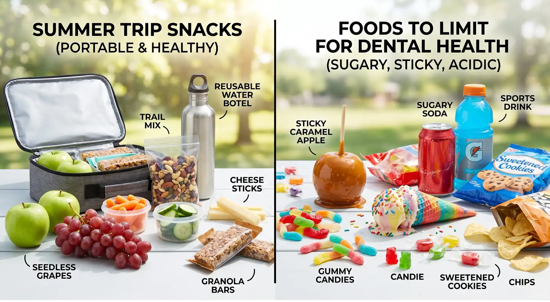 Split infographic: left side shows portable healthy snacks (grapes, apples, trail mix, cheese sticks, granola bars, water bottle) and right side shows foods to limit for dental health (candy, cookies, soda, sports drink, chips).