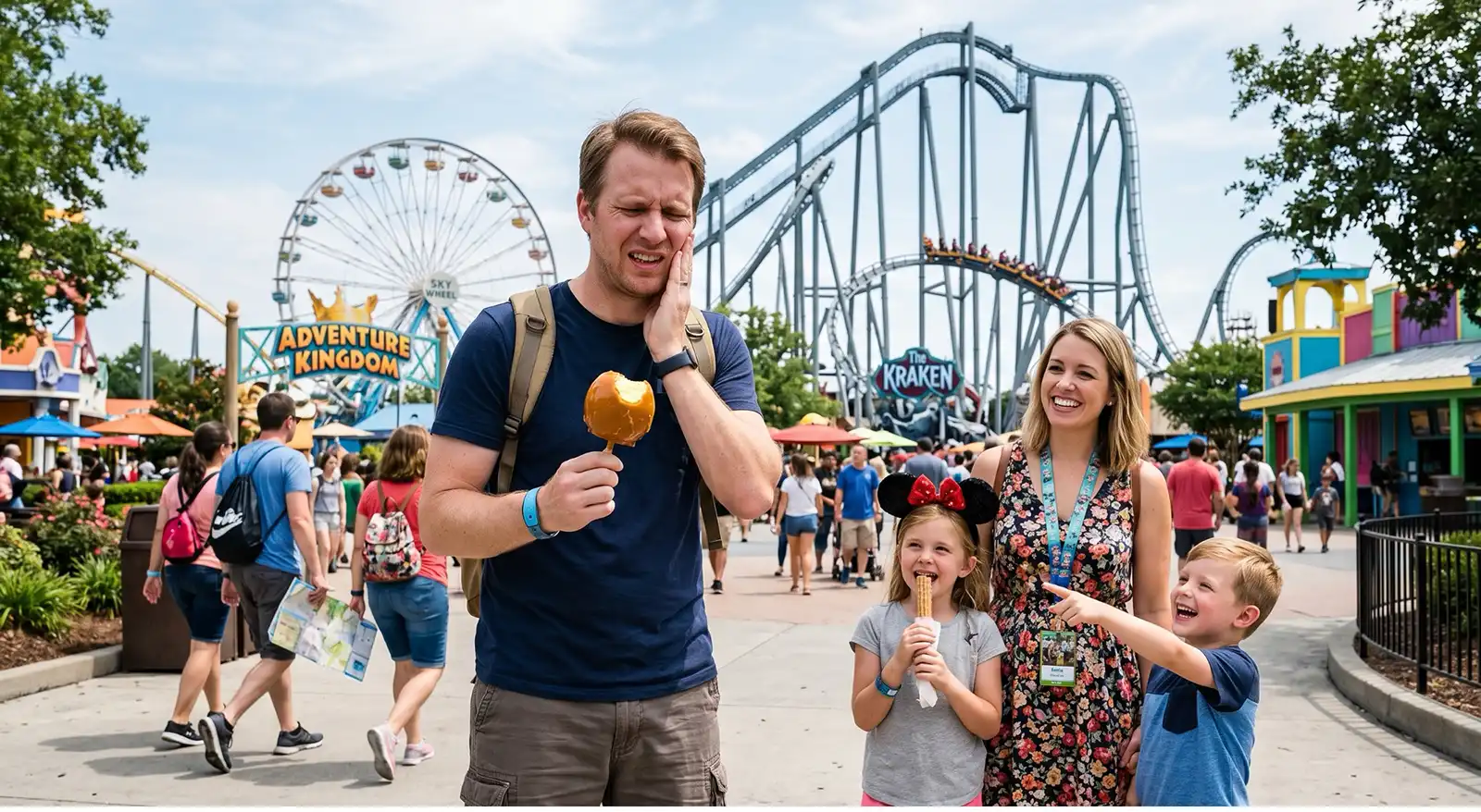 Man with backpack holding caramel ice cream cone and touching his jaw, flanked by a smiling woman and two kids at a colorful amusement park with roller coasters in the background.