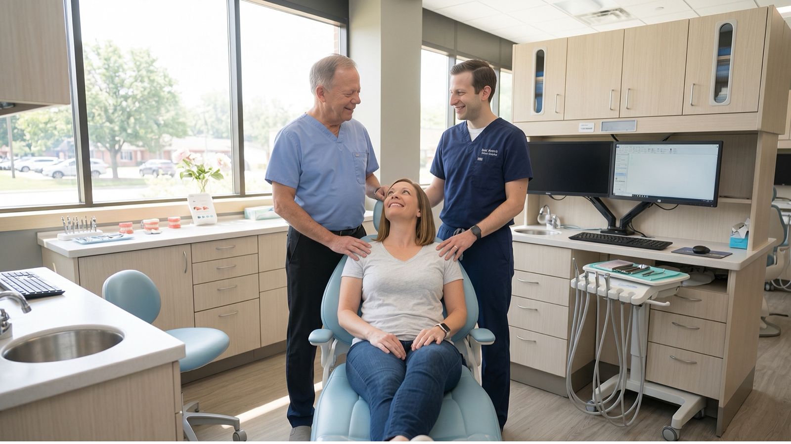 Dr. Bill Parr and Dr. Pat Parr, a father-son dental team in Omaha, providing continuous, trusted care to a smiling patient.